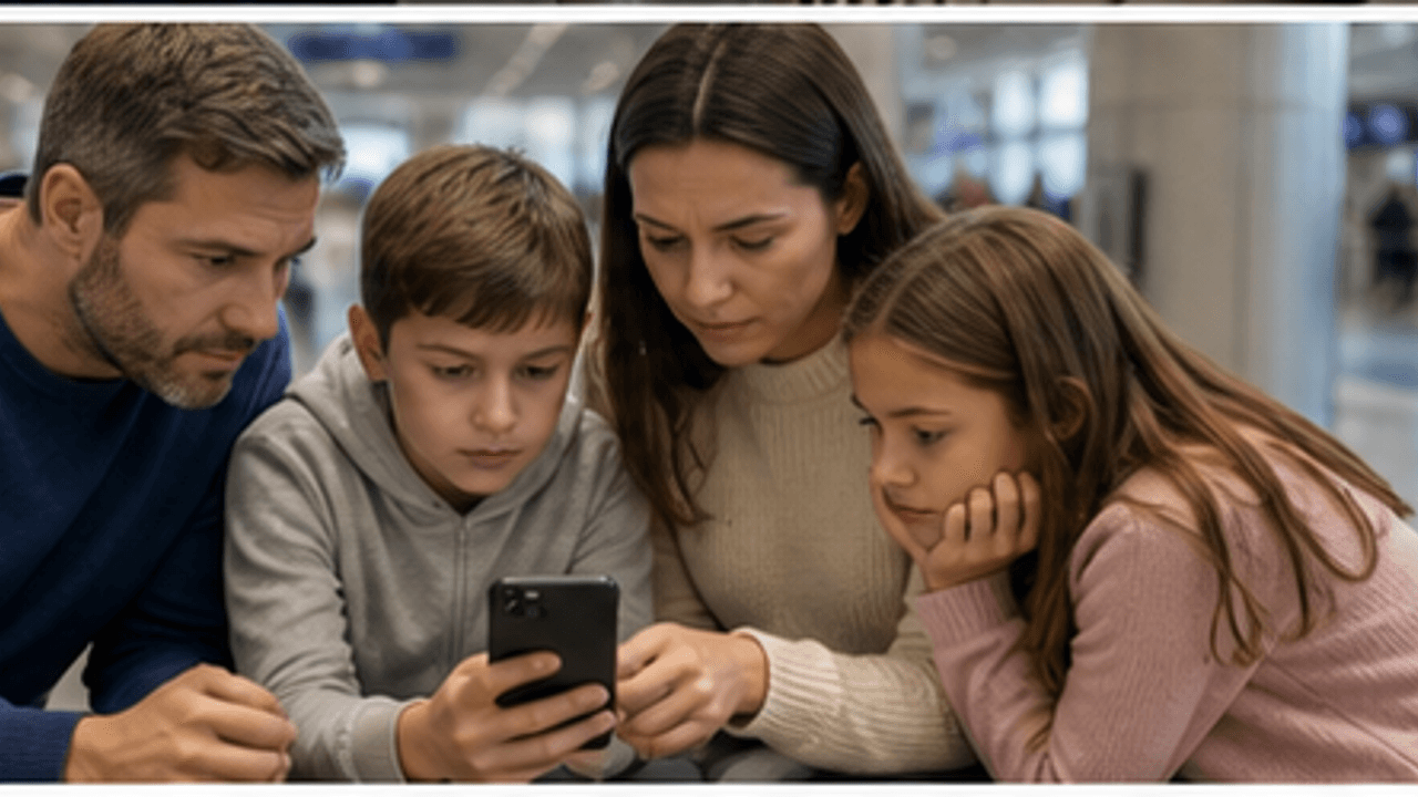 משפחה בודקת הודעת שינוי או ביטול בטלפון בשדה התעופה
