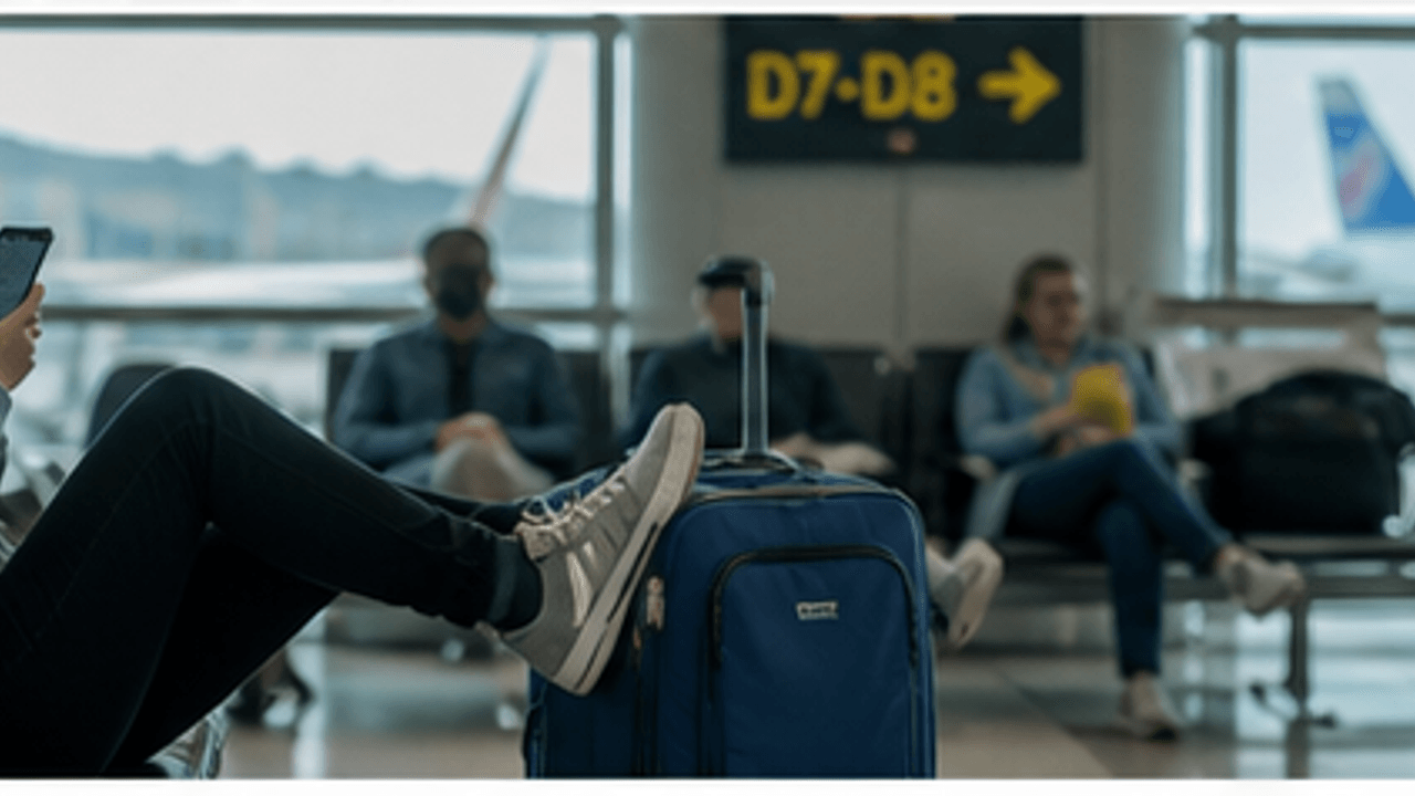 נוסעת עם מזוודת טרולי ממתינה ליד שער עלייה למטוס